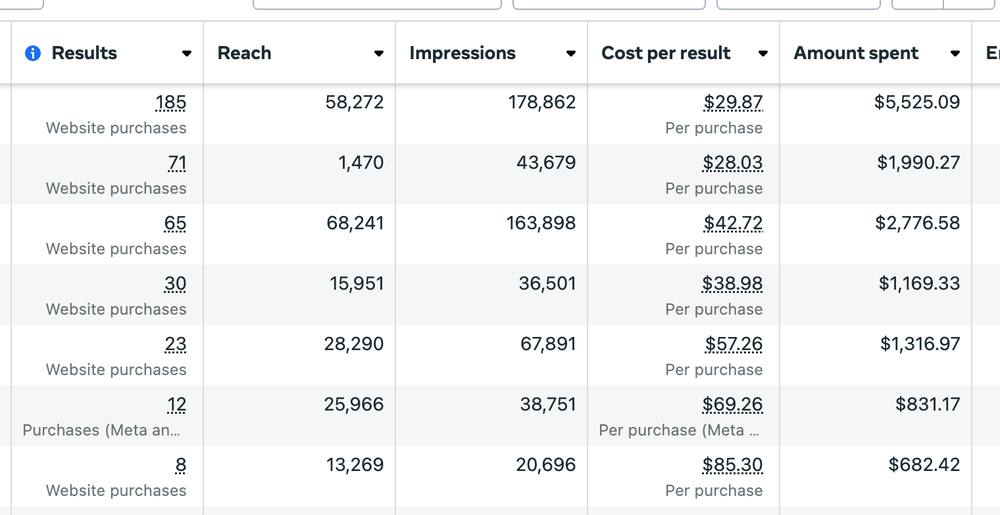 Facebook Ads cost per purchase and results tracking table